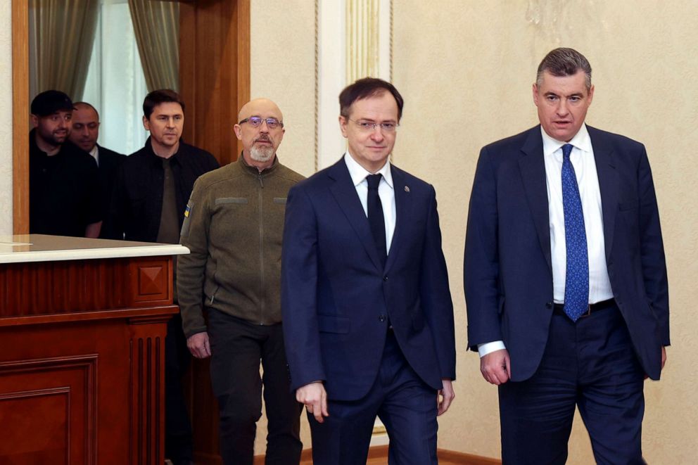 PHOTO: Ukrainian Minister of Defense Oleksii Reznikov, third from right, Vladimir Medinsky, the head of the Russian delegation, second right, Russian lawmaker Leonid Slutsky arrive for peace talks in Gomel region, Belarus, Feb. 28, 2022. 