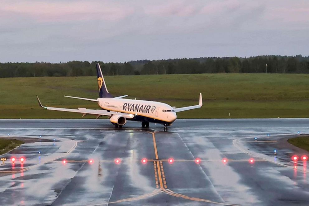 PHOTO: A Ryanair aircraft, which was carrying Belarusian opposition blogger and activist Roman Protasevich and diverted to Belarus, where authorities detained him, lands at Vilnius Airport in Vilnius, Lithuania May 23, 2021. 