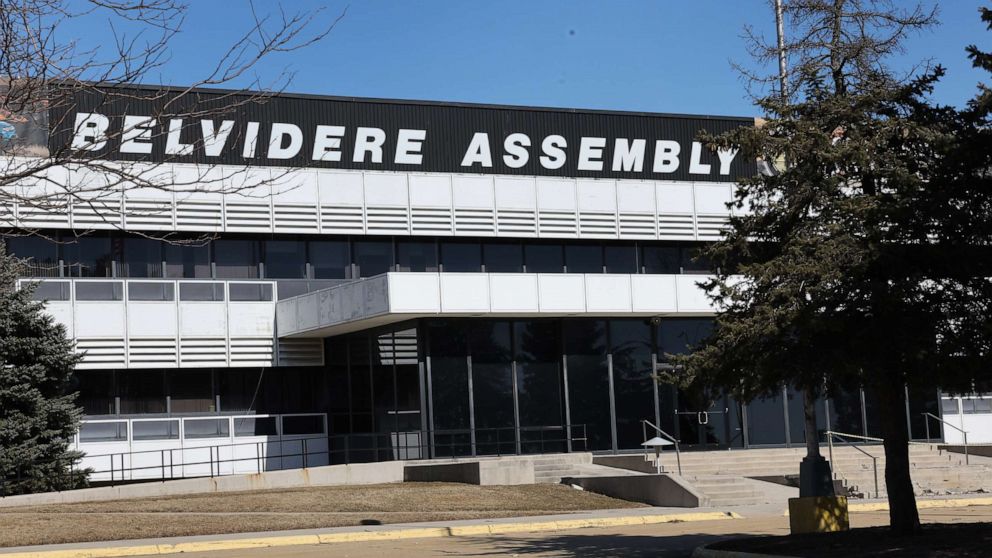 PHOTO: A sign sits above the Belvidere Assembly Plant on Feb. 26, 2023, in Belvidere, Illinois.