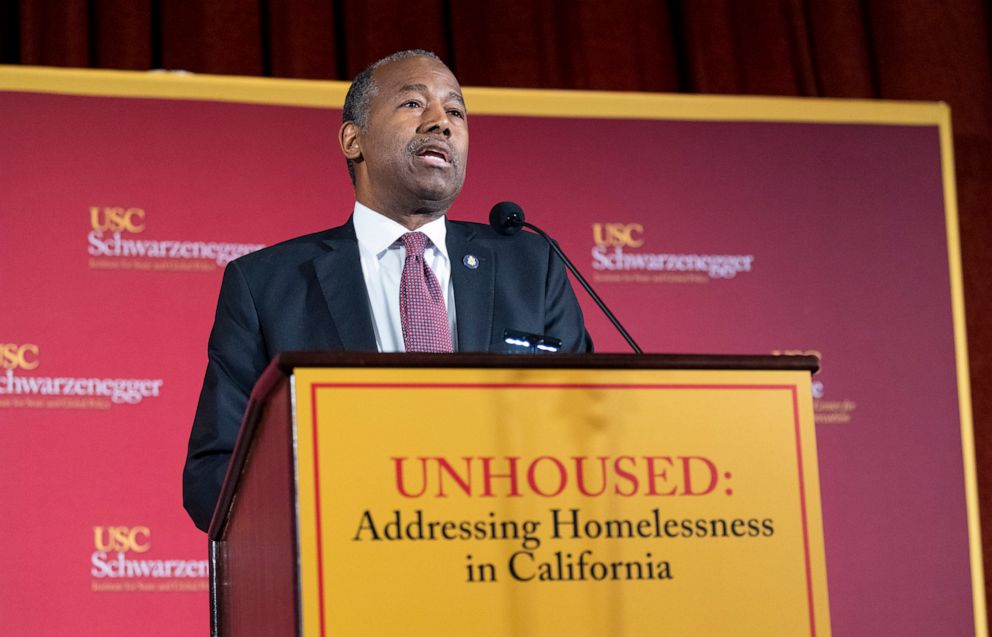 PHOTO: Housing and Urban Development Secretary Ben Carson speaks during an event at the University of Southern California in Los Angeles, Feb. 13, 2020.