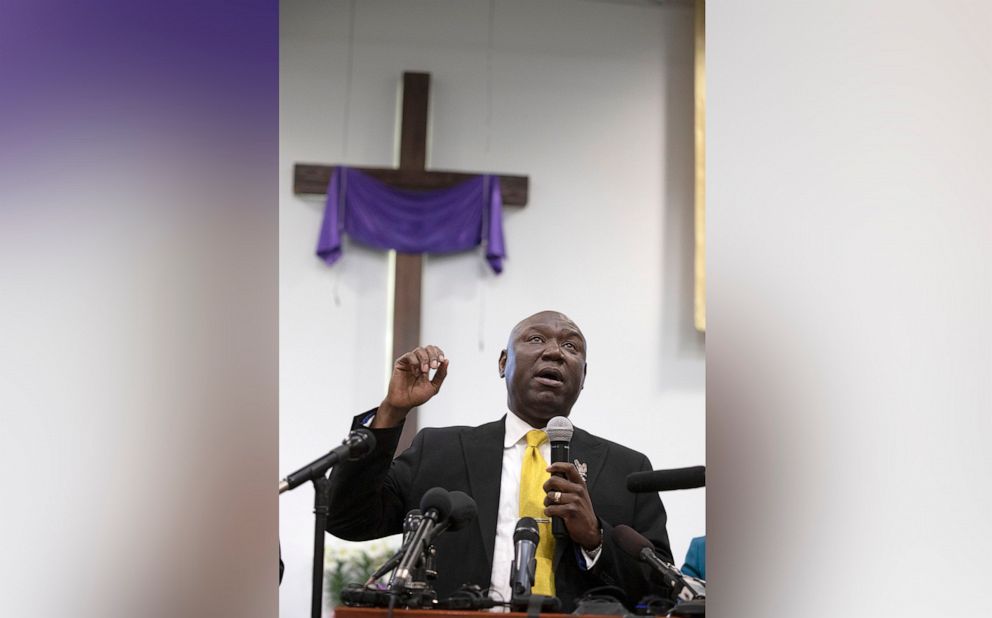 PHOTO: National civil rights attorney Ben Crump holds a press conference with the family of Patrick Lyoya, a 26-year old Black man who was shot and killed by a Grand Rapids police officer following a traffic stop, on April 14, 2022 in Grand Rapids, Mich.
