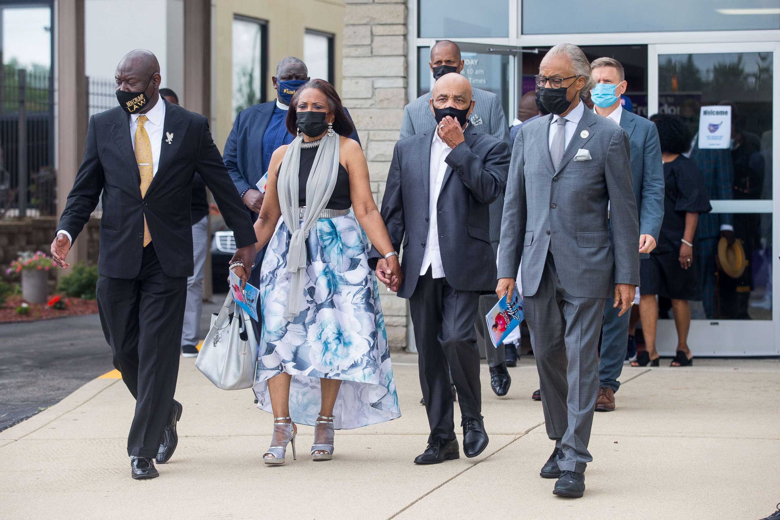 PHOTO: Attorney Ben Crump, Mrs. and Mr. Motley, and the Rev. Al Sharpton walk to a news conference before the funeral service for Alvin Motley Jr. at Freedom Baptist Church, Aug. 18, 2021, in Hillside, Ill.