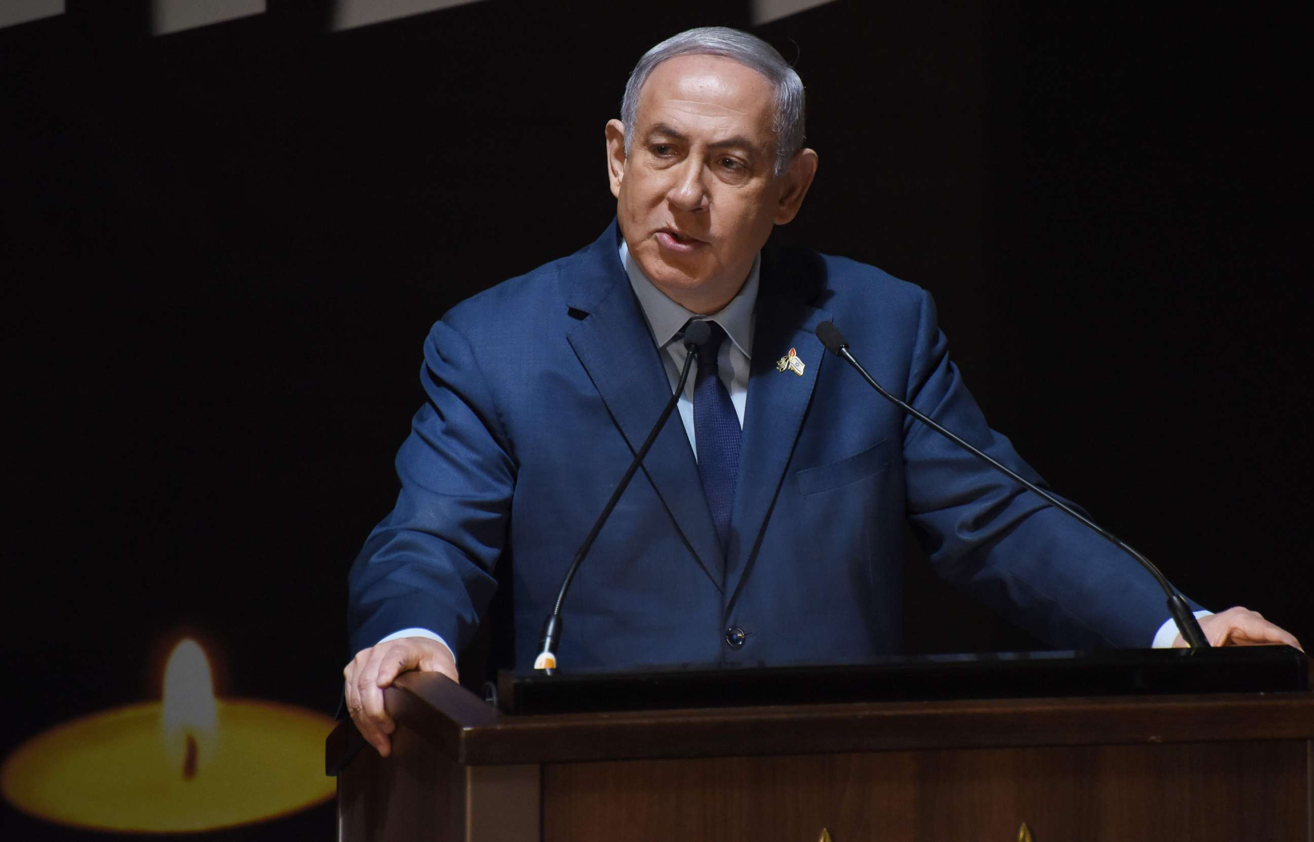 PHOTO: Israeli Prime Minister Benjamin Netanyahu speaks at the official ceremony for Israel's Remembrance Day for fallen soldiers in the Mt. Herzl Military Cemetery in Jerusalem, April 18, 2018.  