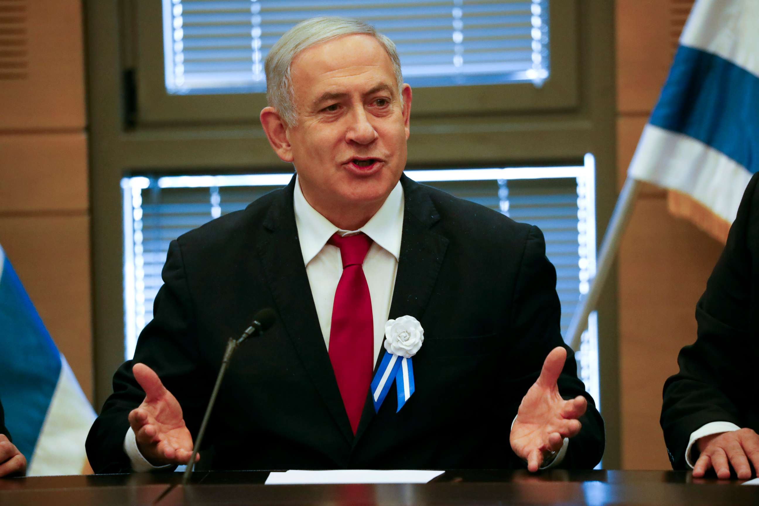 PHOTO: Israeli Prime Minister Benjamin Netanyahu speaks during his party's faction meeting in Jerusalem, Oct. 3, 2019.