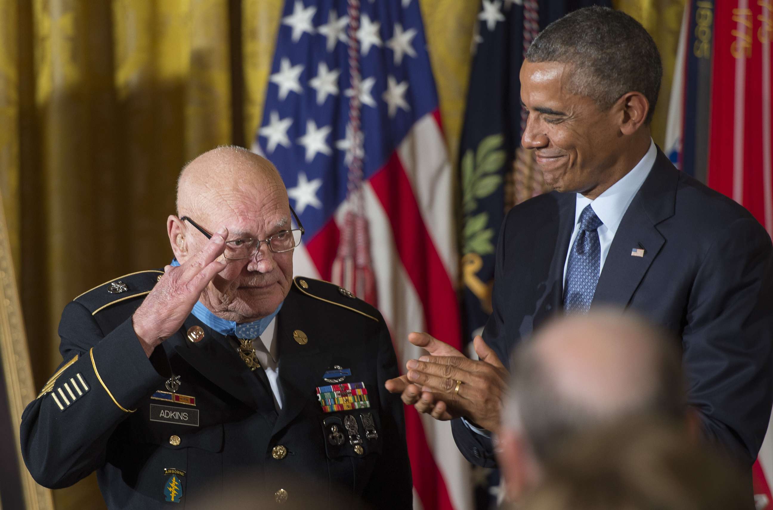 PHOTO: U.S. Army Command Sergeant Major Bennie Adkins salutes after being awarded the Medal of Honor by President Barack Obama during a ceremony at the White House in Washington, Sept. 15, 2014. 