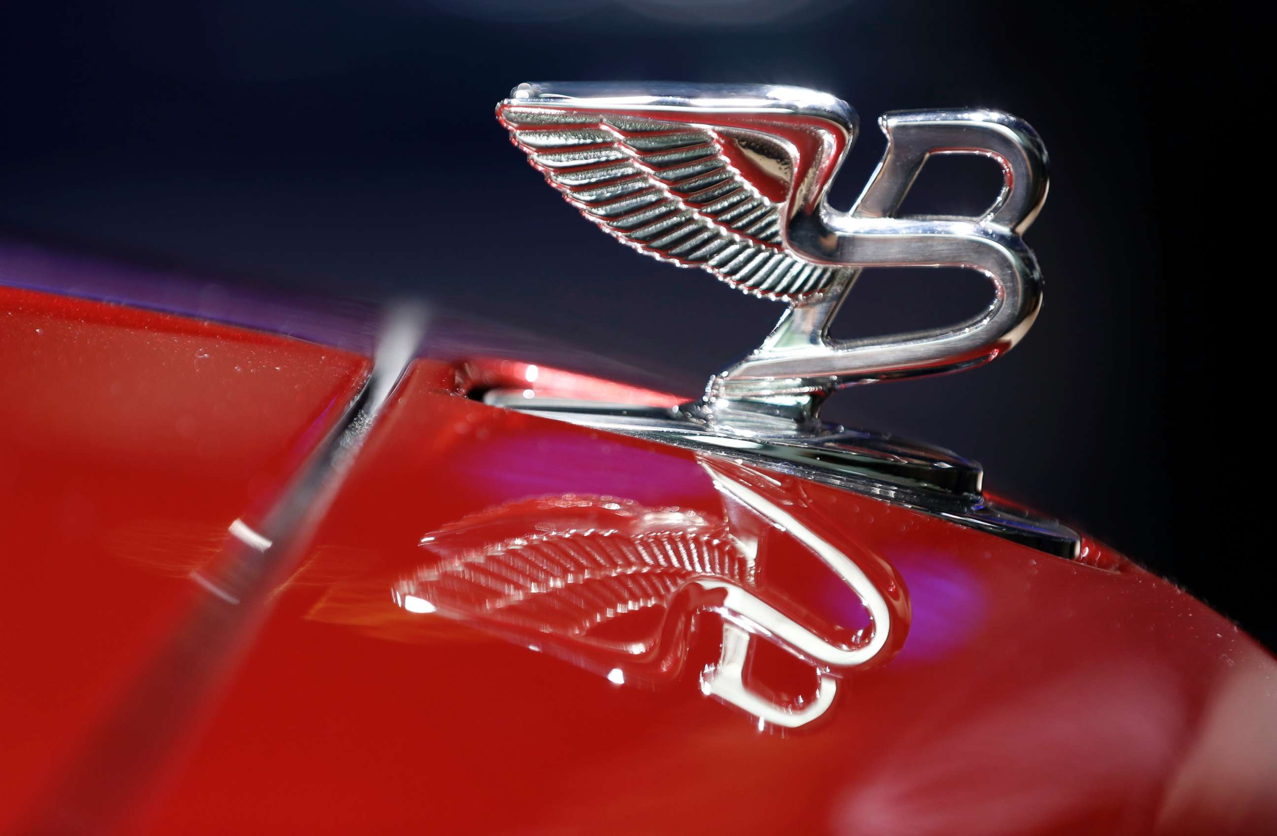 PHOTO: The Bentley winged "B" emblem sits on the hood of an automobile at a car show in Frankfurt, Germany, Sept. 10, 2013.