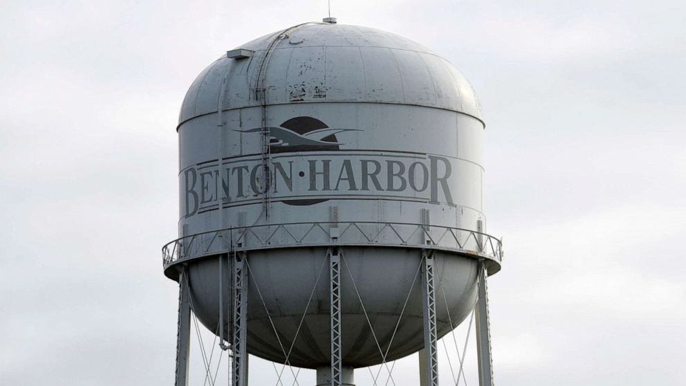 PHOTO: A water tower is pictured, Oct. 24, 2018, near downtown Benton Harbor, Mich.