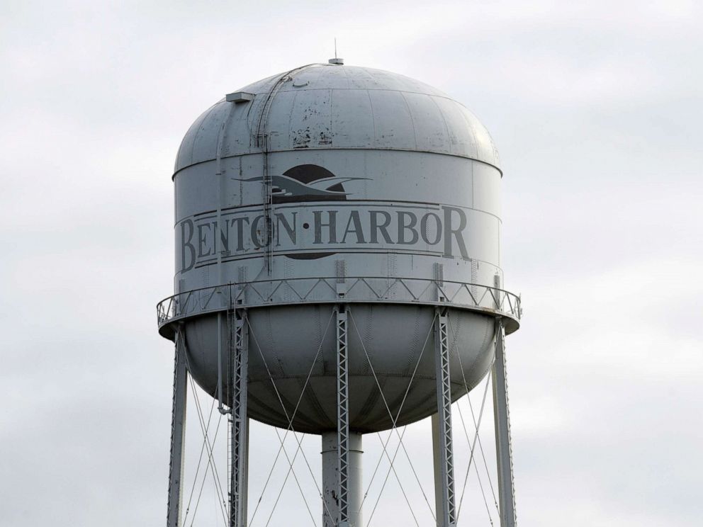 PHOTO: A water tower is pictured, Oct. 24, 2018, near downtown Benton Harbor, Mich.