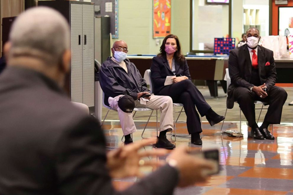 PHOTO: Gov. Gretchen Whitmer visits Benton Harbor, Mich., Tuesday, Oct. 19, 2021, to listen to residents who have been urged to use bottled water because of elevated levels of lead in their tap water.