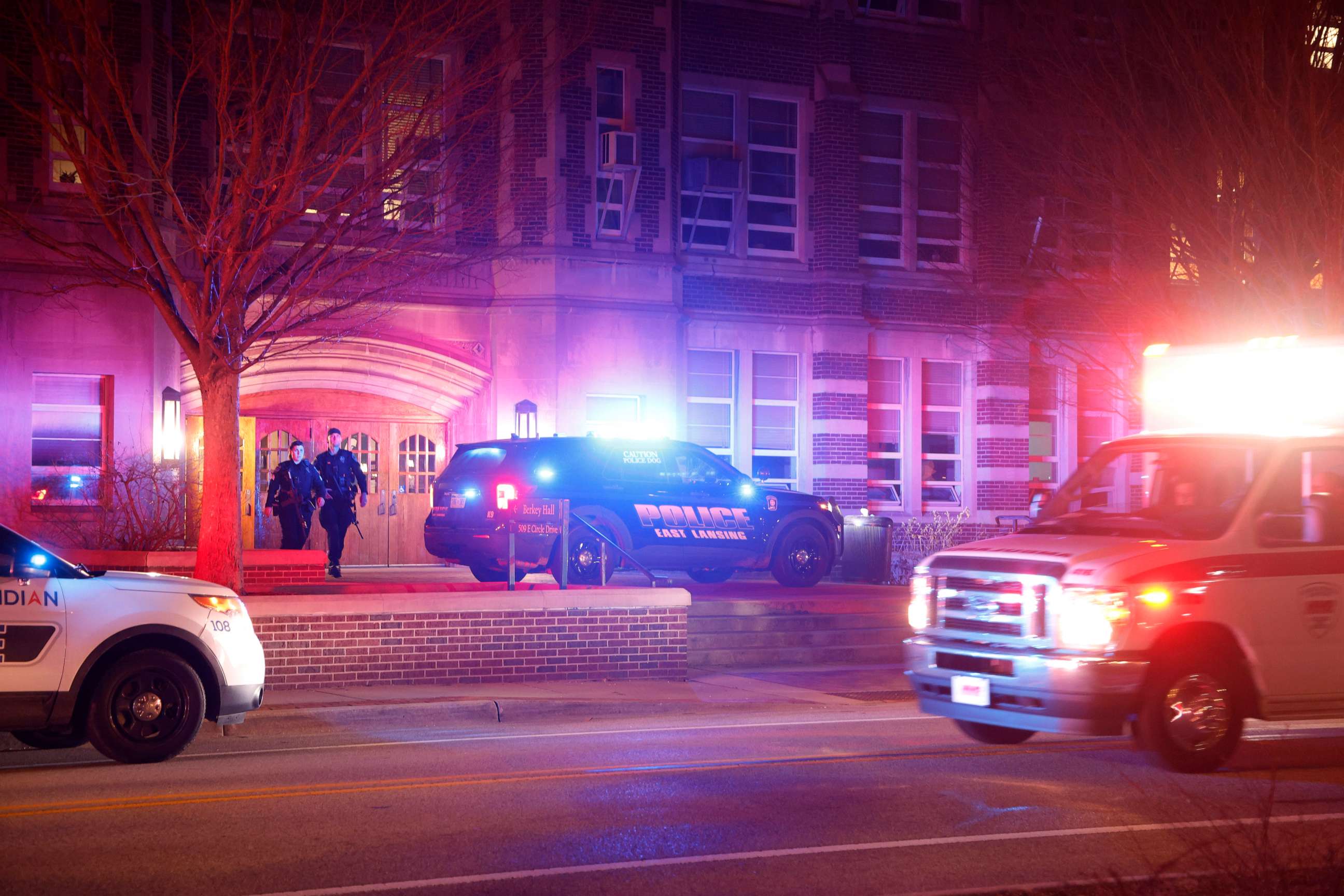 PHOTO: Police investigate the scene of a shooting at Berkey Hall on the campus of Michigan State University, late Monday, Feb. 13, 2023, in East Lansing, Michigan.