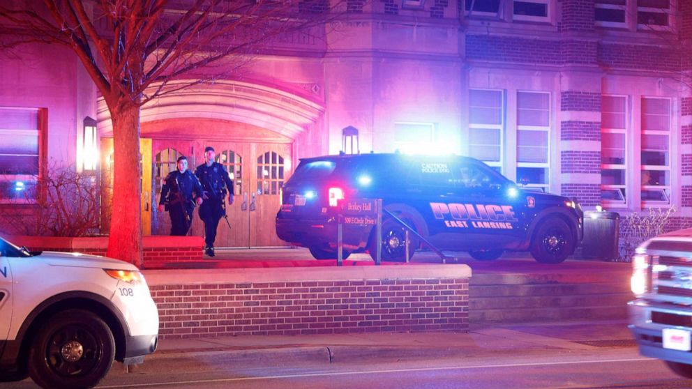 PHOTO: Police investigate the scene of a shooting at Berkey Hall on the campus of Michigan State University, late Monday, Feb. 13, 2023, in East Lansing, Michigan.