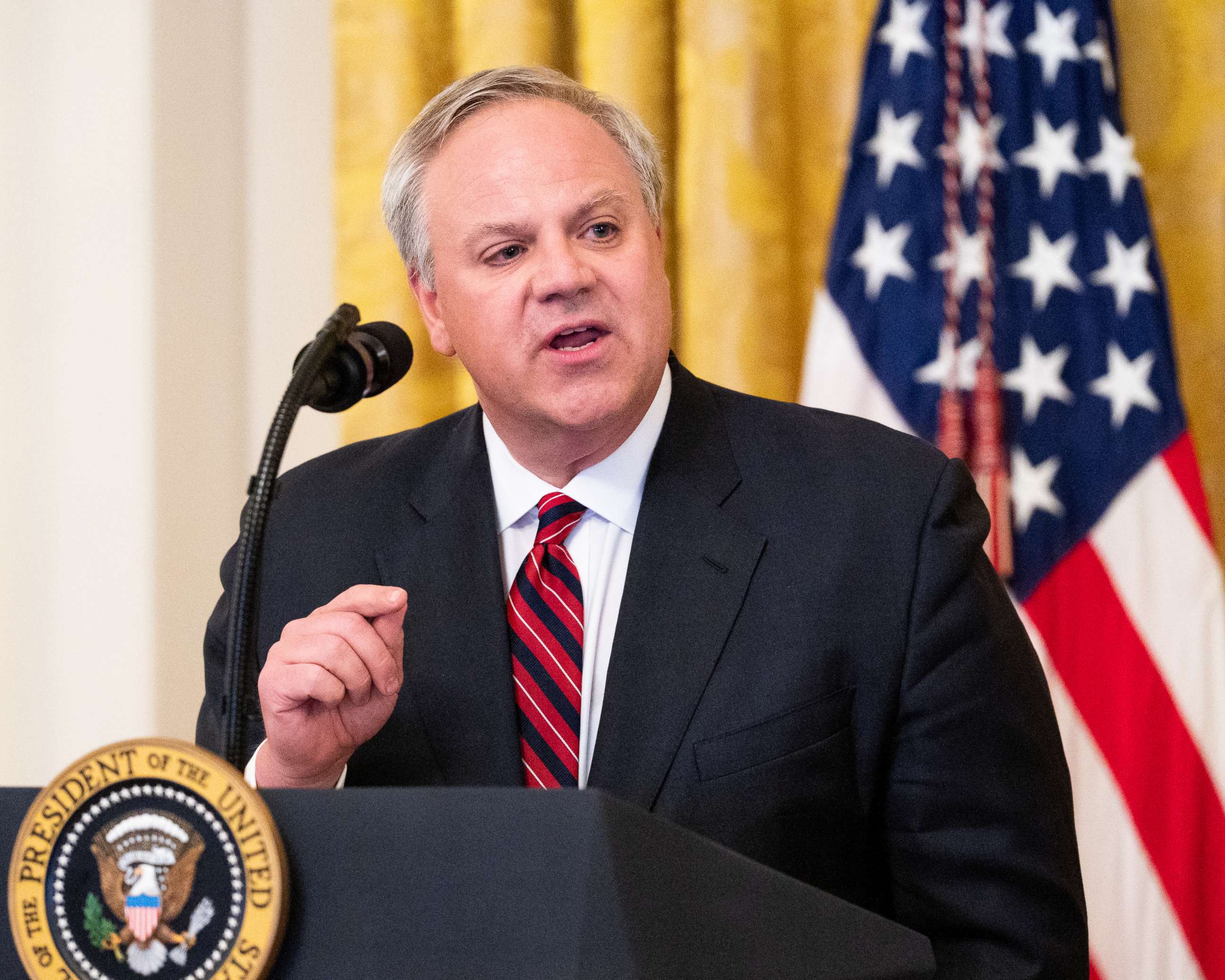 PHOTO: United States Secretary of the Interior David Bernhardt speaking about "America's Environmental Leadership" in the East Room of the White House in Washington, DC.