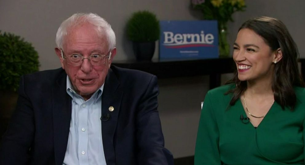 PHOTO: ABC News' Rachel Scott interviews with Sen. Bernie Sanders and Rep. Alexandria Ocasio-Cortez.