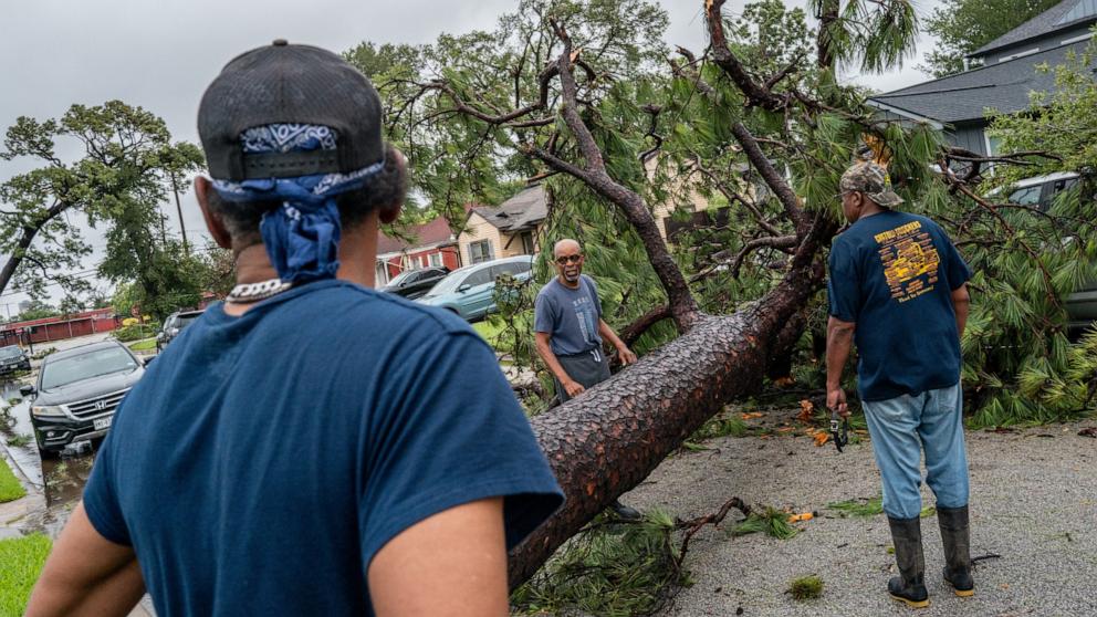 PHOTO: Residents assess a fallen tree in their in their neighborhood after Hurricane Beryl swept through the area on July 8, 2024 in Houston.