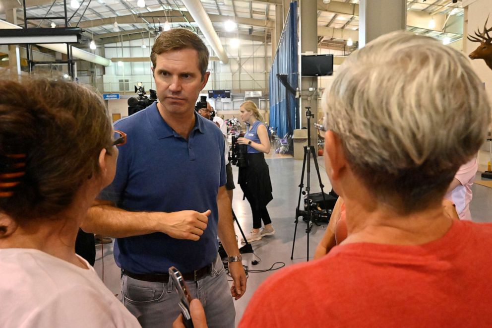 PHOTO: Kentucky Gov. Andy Beshear answers question from residents of Knott County, Kentucky, that have been displaced by floodwaters, at the Knott County Sportsplex in Leburn, Kentucky, on July 31, 2022.