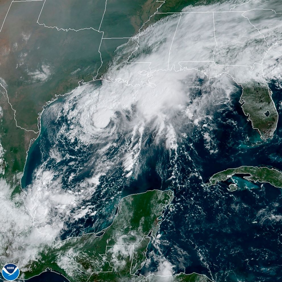 PHOTO: This GOES-16 GeoColor satellite image taken Saturday, Sept. 19, 2020, and provided by NOAA, shows Tropical Storm Beta in the Gulf of Mexico.