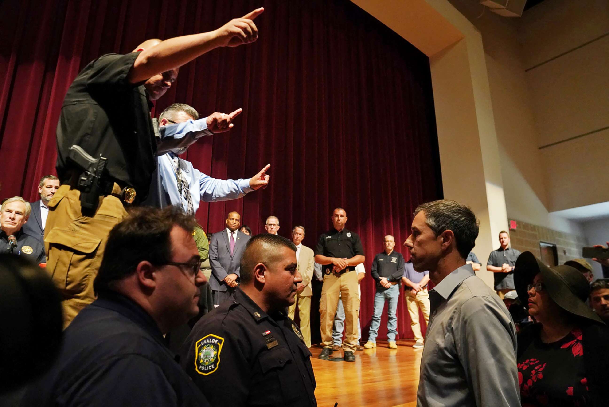 PHOTO: Texas Democratic gubernatorial candidate Beto O'Rourke disrupts a press conference held by Governor Greg Abbott the day after a gunman killed 19 children and two teachers at Robb Elementary school in Uvalde, Texas, May 25, 2022. 