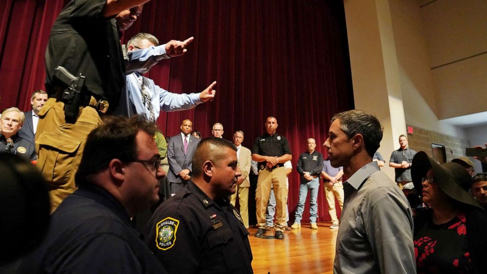 PHOTO: Texas Democratic gubernatorial candidate Beto O'Rourke disrupts a press conference held by Governor Greg Abbott the day after a gunman killed 19 children and two teachers at Robb Elementary school in Uvalde, Texas, May 25, 2022. 