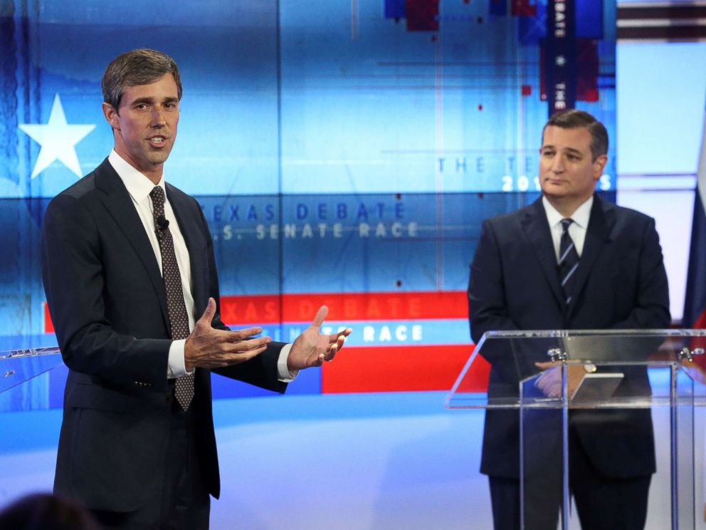 PHOTO: Representative Beto ORourke will speak in front of Senator Ted Cruz during a debate in San Antonio, Texas on October 16, 2018. 