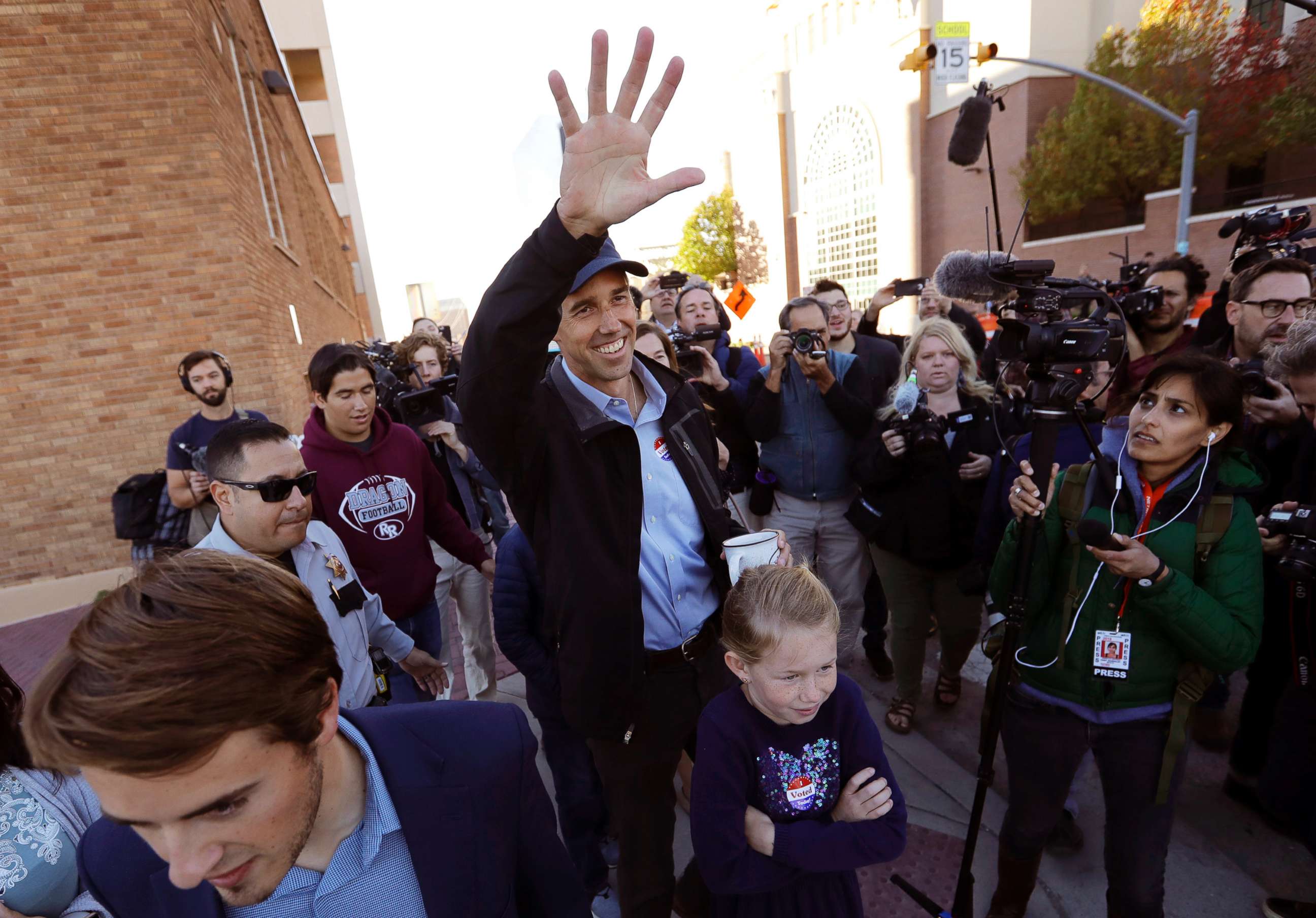PHOTO: Rep. Beto O'Rourke, the 2018 Democratic Candidate for the Senate in Texas, waves to supporters as he leaves a polling place with his family after voting, Nov. 6, 2018, in El Paso, Texas.