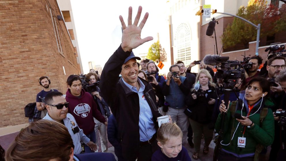 PHOTO: Rep. Beto O'Rourke, the 2018 Democratic Candidate for the Senate in Texas, waves to supporters as he leaves a polling place with his family after voting, Nov. 6, 2018, in El Paso, Texas.
