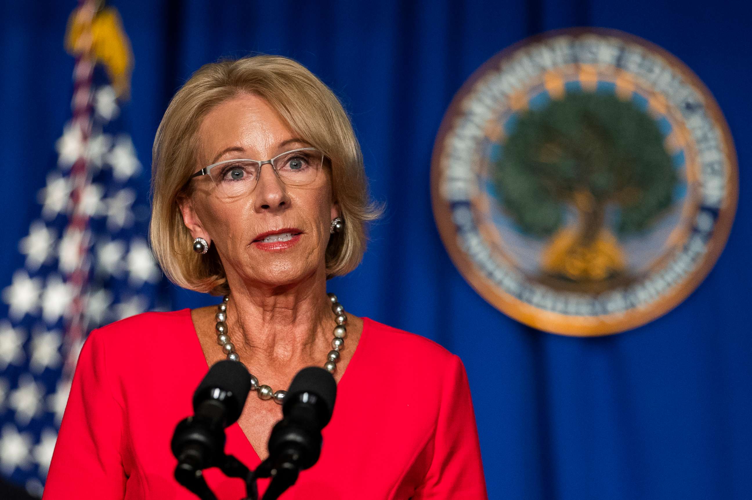 PHOTO: Education Secretary Betsy DeVos speaks during a briefing at the Department of Education building in Washington, July 8, 2020.