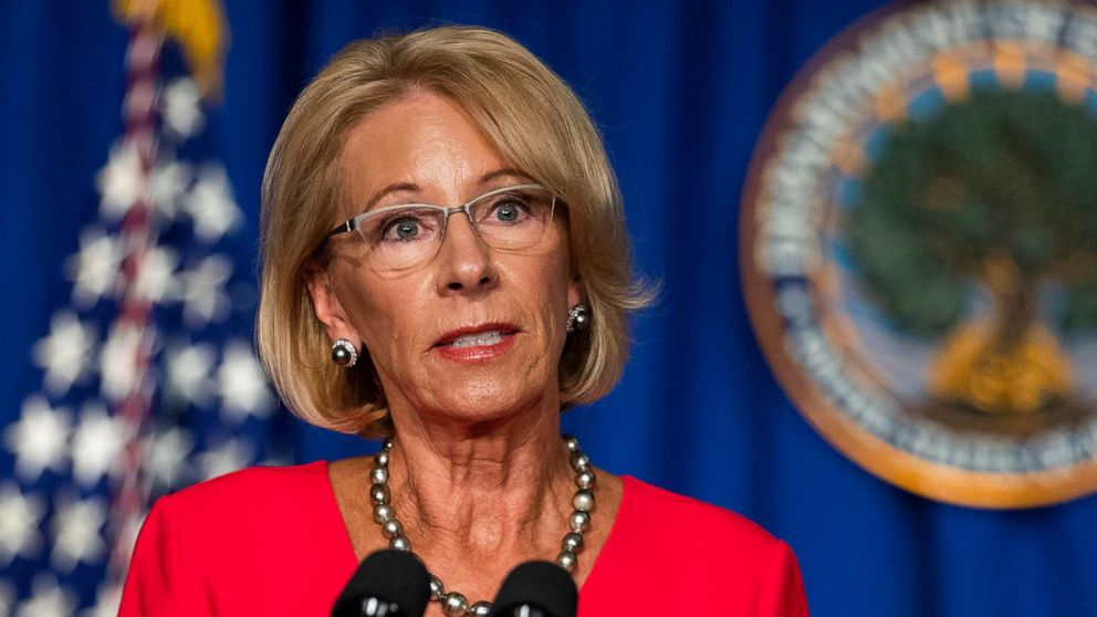 PHOTO: Education Secretary Betsy DeVos speaks during a briefing at the Department of Education building in Washington, July 8, 2020.