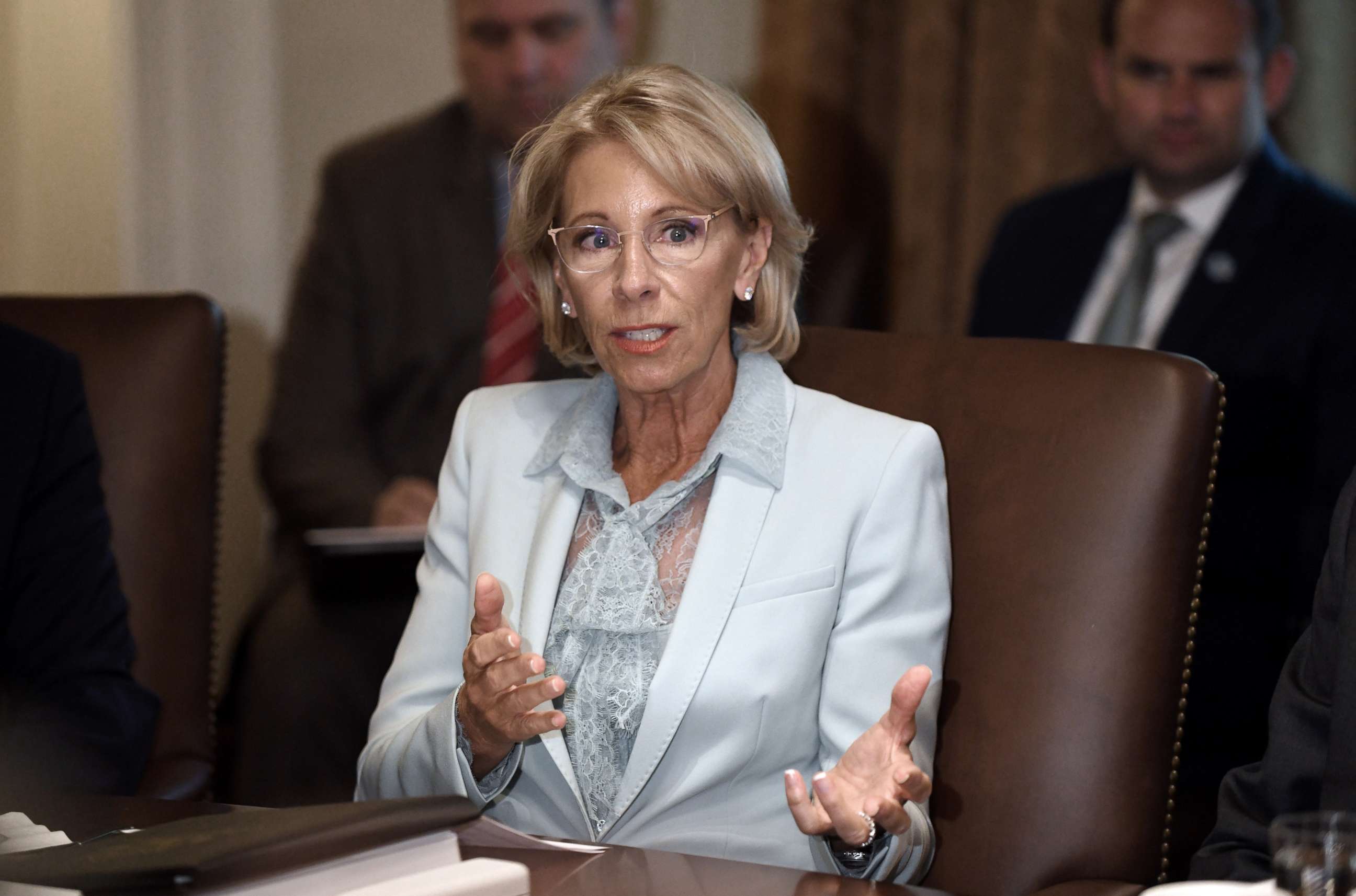 PHOTO: Secretary of Education Betsy DeVos speaks during a cabinet meeting with President Donald Trump in the Cabinet Room of the White House, July 18, 2018 in Washington.