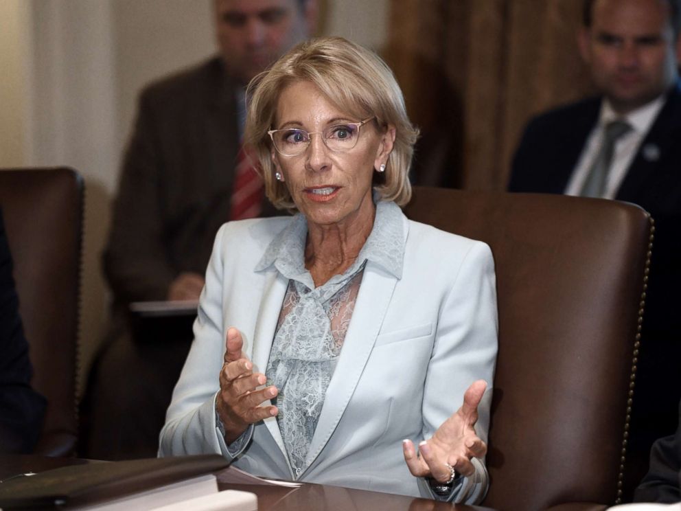PHOTO: Secretary of Education Betsy DeVos speaks during a cabinet meeting with President Donald Trump in the Cabinet Room of the White House, July 18, 2018 in Washington, D.C.