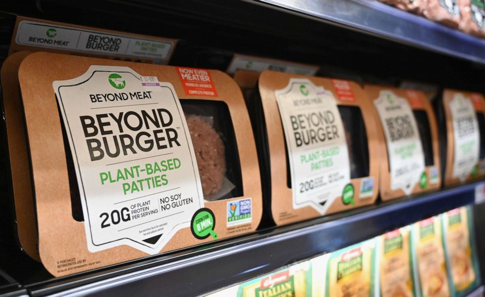 PHOTO: Beyond Meat "Beyond Burger" patties made from plant-based substitutes for meat products sit on a shelf for sale, Nov. 15, 2019 in New York City.