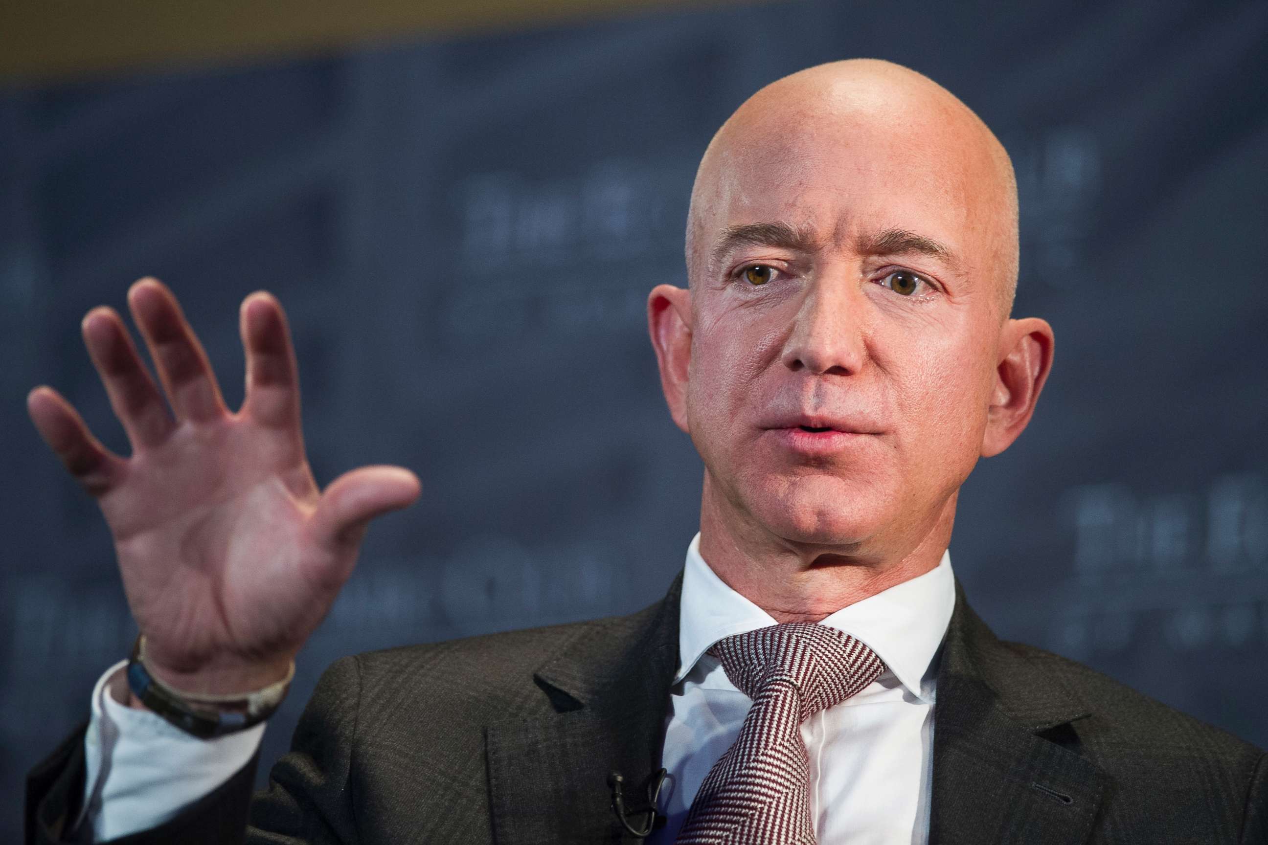 PHOTO: Jeff Bezos, Amazon founder and CEO, speaks at The Economic Club of Washington's Milestone Celebration in Washington D.C., Sept. 13, 2018. 