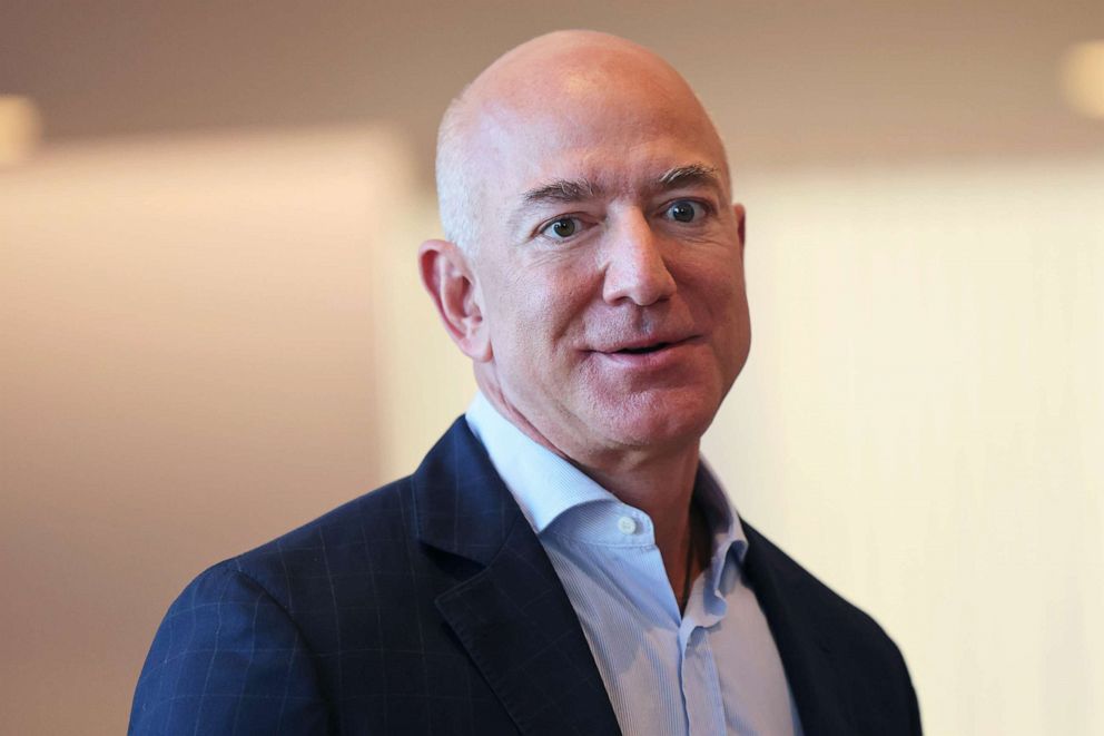 PHOTO: Amazon founder Jeff Bezos arrives for his meeting with British Prime Minister Boris Johnson at the UK diplomatic residence, Sept. 20, 2021, in New York.