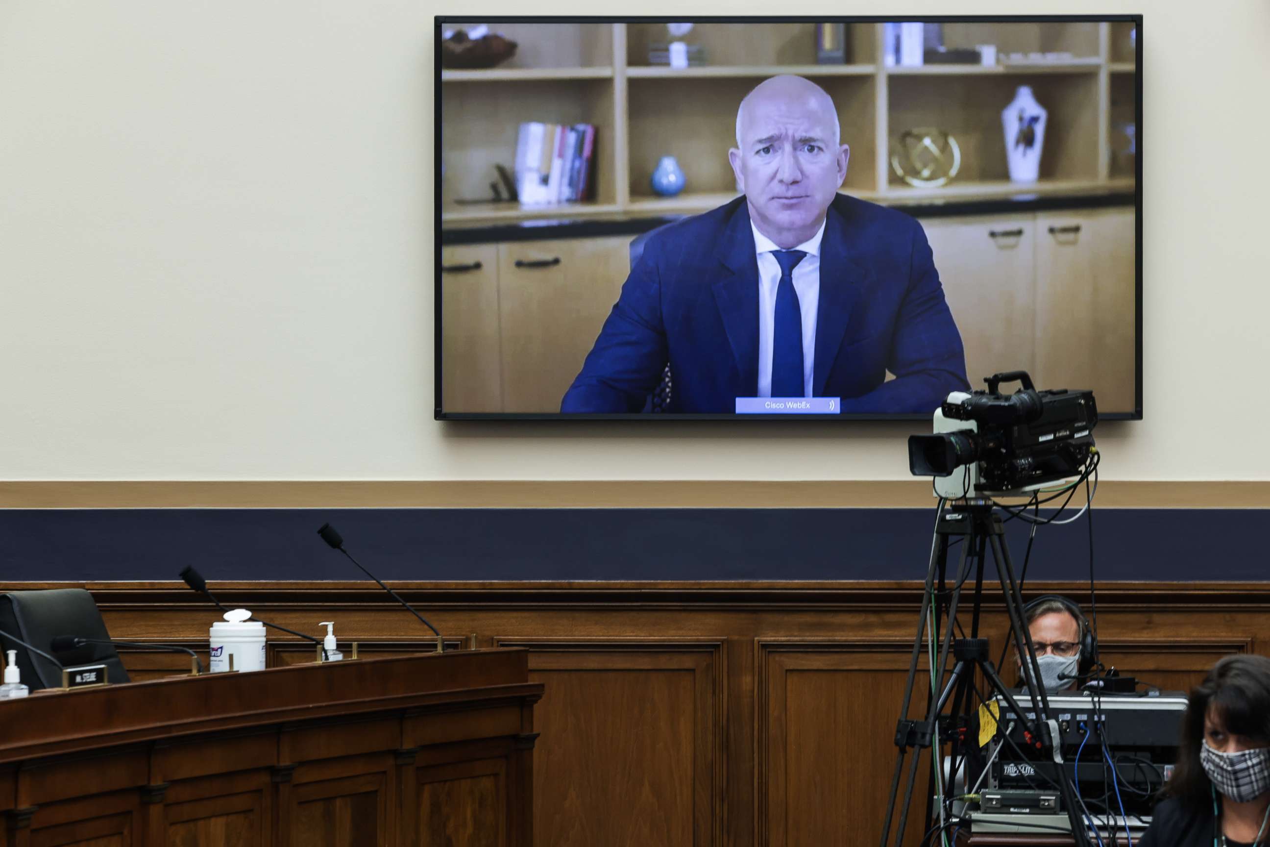 PHOTO: Amazon CEO Jeff Bezos testifies via video conference during a House Judiciary Subcommittee hearing on Online Platforms and Market Power in the Rayburn House office Building, July 29, 2020 on Capitol Hill, in Washington, D.C.