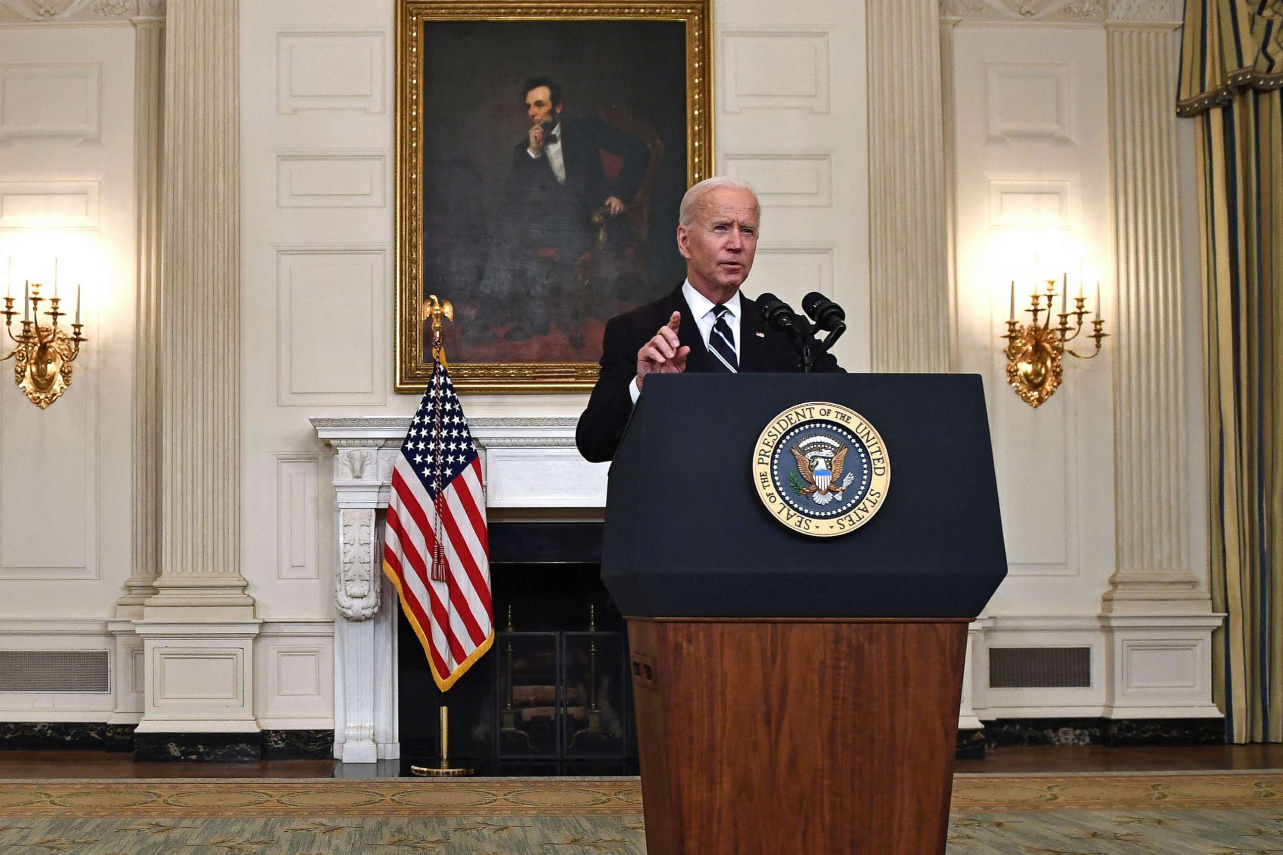 PHOTO: President Joe Biden delivers remarks on plans to stop the spread of the Delta variant and boost COVID-19 vaccinations at the State Dinning Room of the White House, in Washington, D.C., on Sept. 9, 2021.