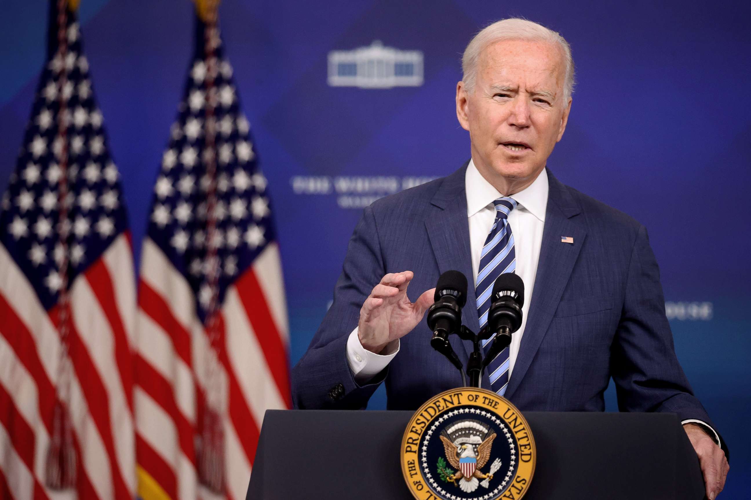 PHOTO: President Joe Biden delivers remarks in the aftermath of Hurricane Ida from the Eisenhower Executive Office Building on the White House campus in Washington, D.C., Sept. 2, 2021. 