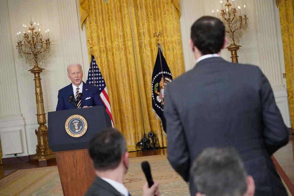 PHOTO: President Joe Biden answers questions during a news conference in the East Room of the White House, on Jan. 19, 2022, in Washington, D.C.