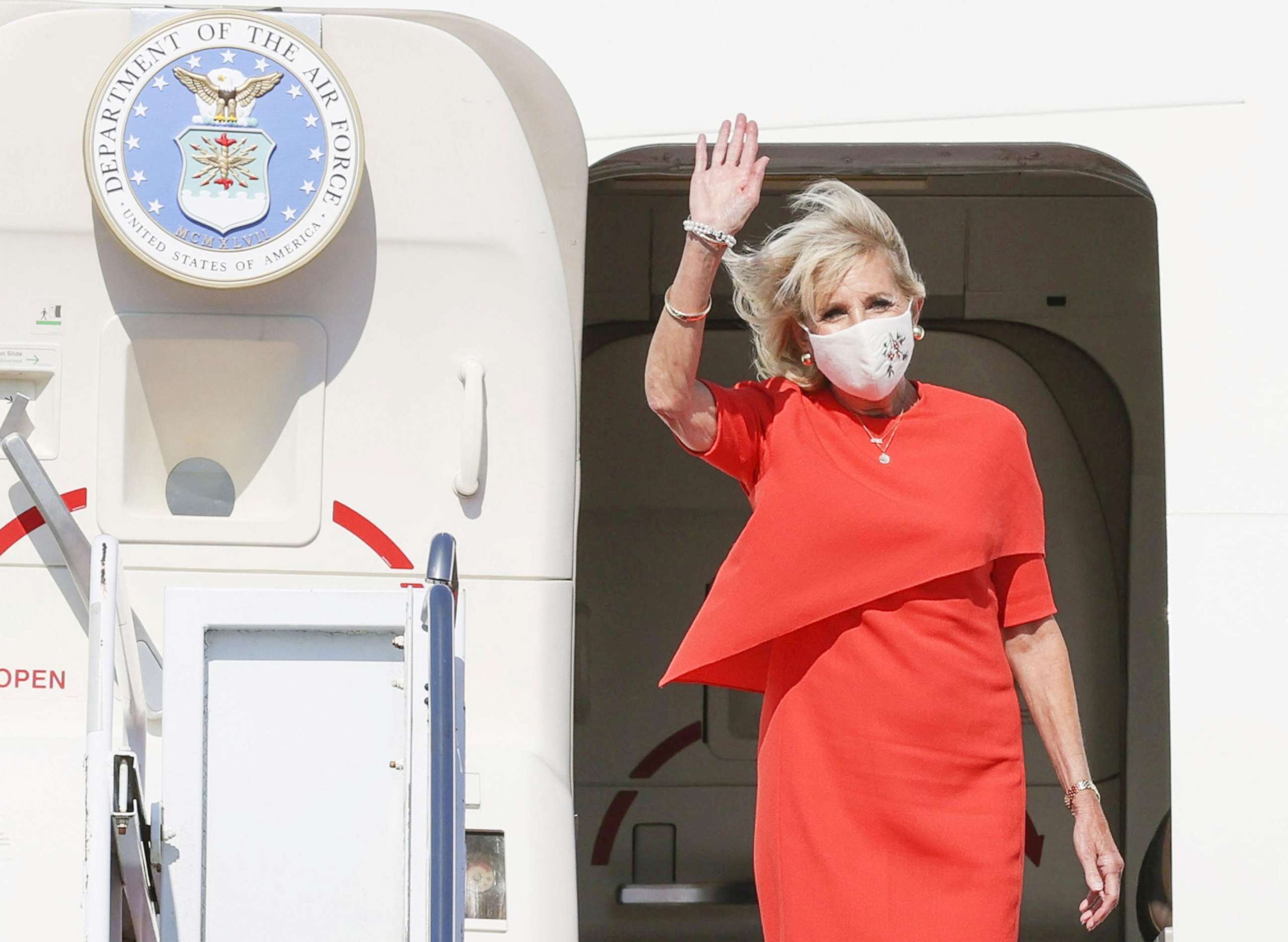 PHOTO: First Lady Jill Biden arrives at Yokota Air Base to attend the opening ceremony of the Tokyo 2020 Olympic Games in Tokyo, Japan, July 22, 2021, in this photo released by Kyodo.