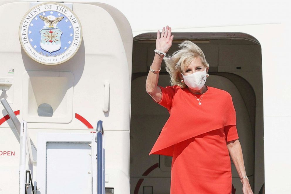 PHOTO: First Lady Jill Biden arrives at Yokota Air Base to attend the opening ceremony of the Tokyo 2020 Olympic Games in Tokyo, Japan, July 22, 2021, in this photo released by Kyodo.
