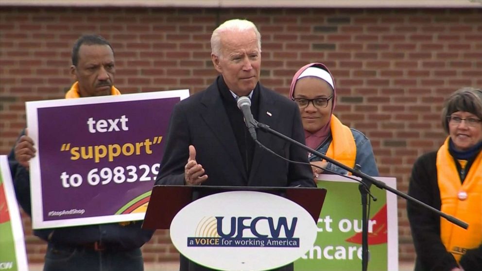 PHOTO: Former Vice President Joe Biden speaks outside of a Shop & Stop in Boston, April 18, 2019.