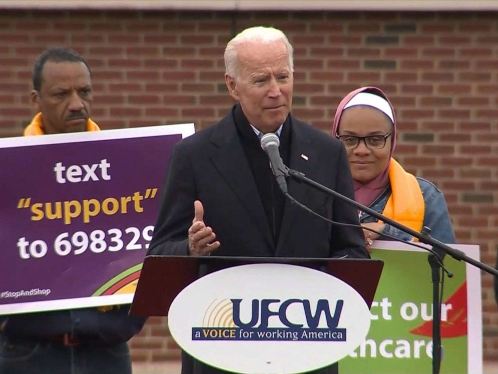 PHOTO: Former Vice President Joe Biden speaks outside of a Shop & Stop in Boston, April 18, 2019.