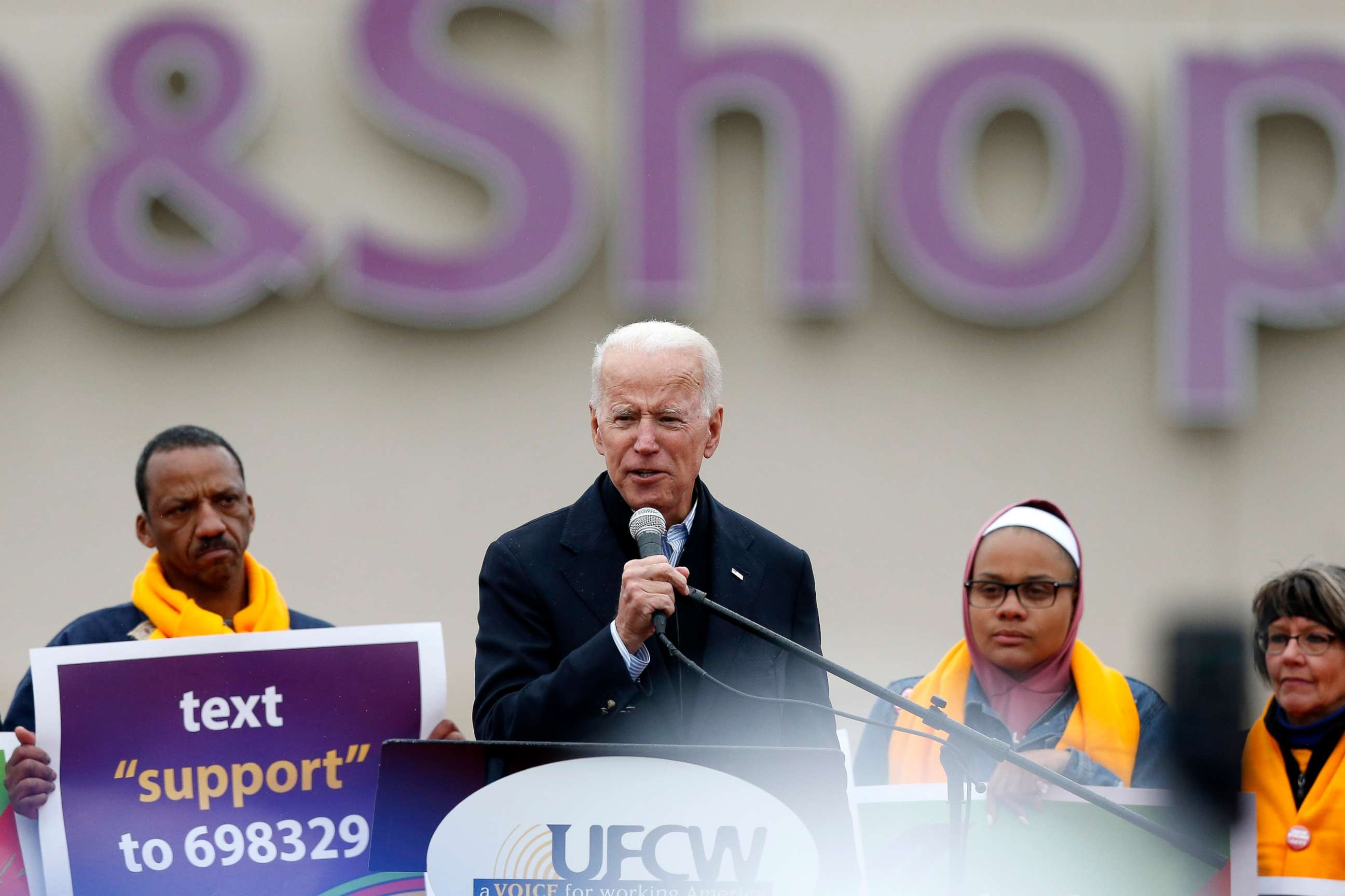 PHOTO: Former Vice President Joe Biden speaks at a rally in support of striking Stop & Shop workers in Dorchester, Mass., April 18, 2019.
