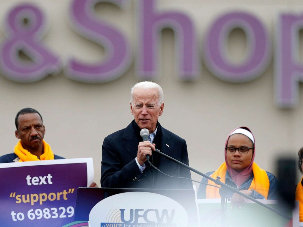PHOTO: Former Vice President Joe Biden speaks at a rally in support of striking Stop & Shop workers in Dorchester, Mass., April 18, 2019.