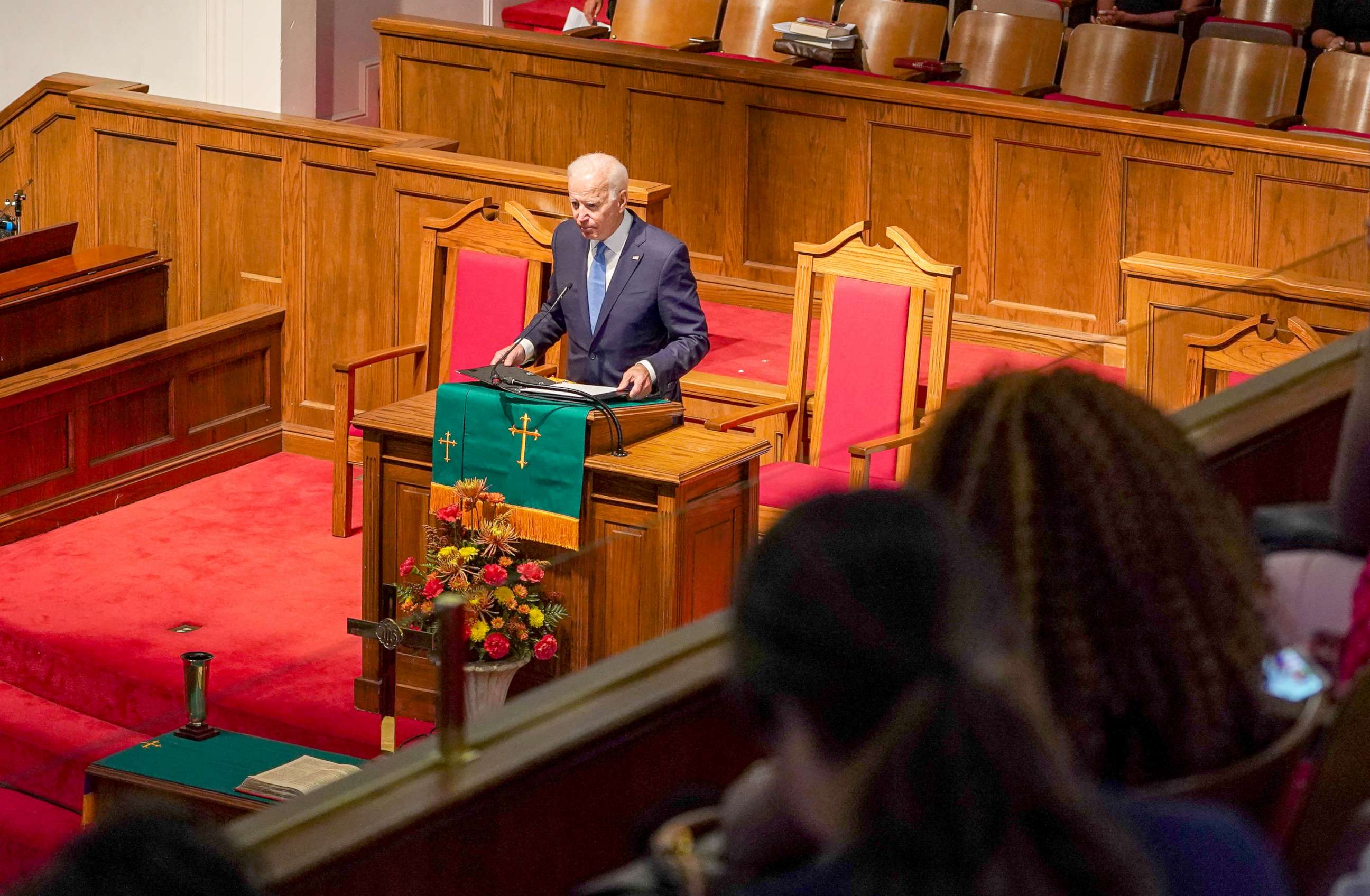 PHOTO: Democratic presidential candidate and former Vice President Joe Biden speaks at the "56th Memorial Observance of the Birmingham Church Bombing" at the 16th St Baptist Church in Birmingham, Alabama, Sept. 15, 2019.  