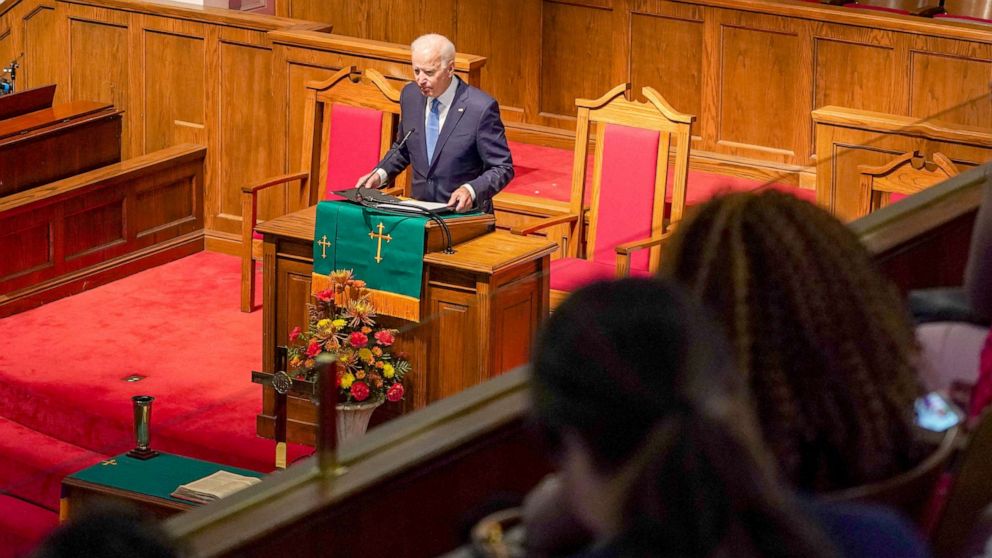 PHOTO: Democratic presidential candidate and former Vice President Joe Biden speaks at the "56th Memorial Observance of the Birmingham Church Bombing" at the 16th St Baptist Church in Birmingham, Alabama, Sept. 15, 2019.  