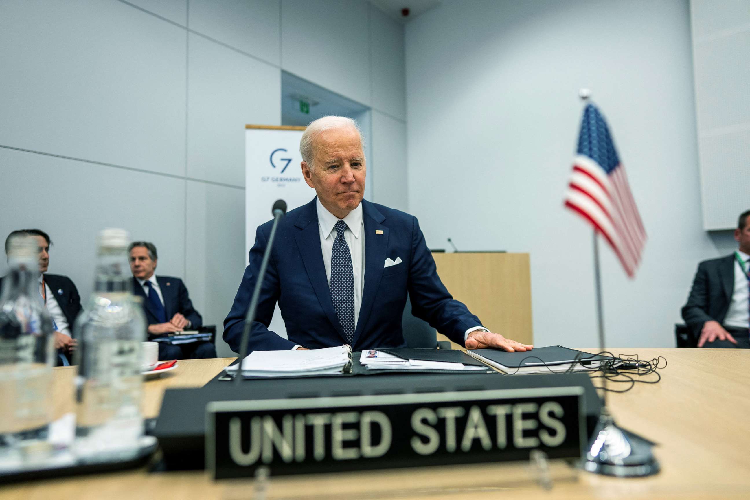 PHOTO: President Joe Biden takes his seat to begin the meeting of G7 Leaders at NATO Headquarters in Brussels, Belgium, March 24, 2022. 