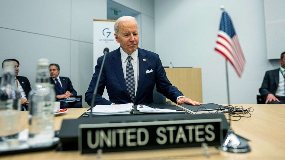 PHOTO: President Joe Biden takes his seat to begin the meeting of G7 Leaders at NATO Headquarters in Brussels, Belgium, March 24, 2022. 