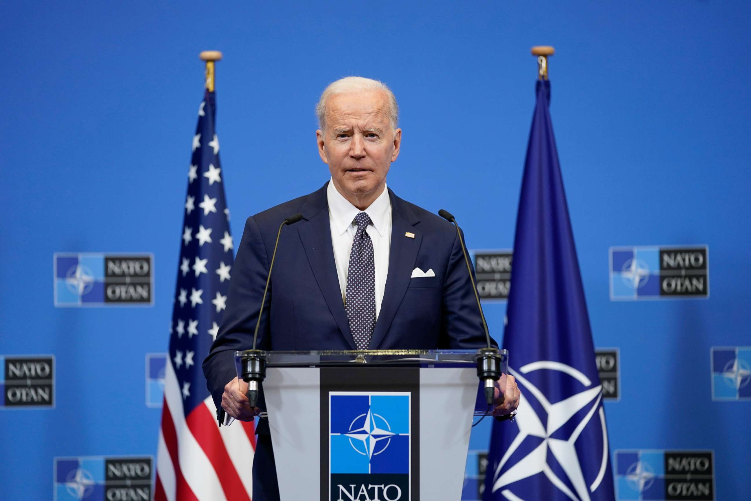 PHOTO: President Joe Biden speaks about the Russian invasion of Ukraine during a news conference after a NATO summit and Group of Seven meeting at NATO headquarters, March 24, 2022, in Brussels.