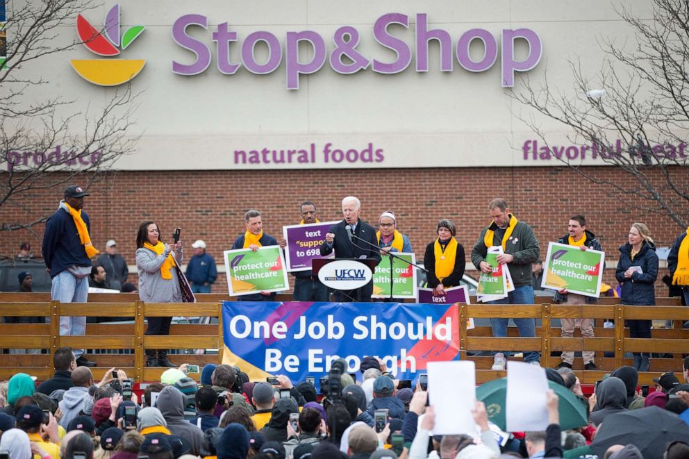 PHOTO:Former Vice President Joe Biden speaks in front of a Stop & Shop in support of union workers, April 18, 2019, in Dorchester, Mass. 