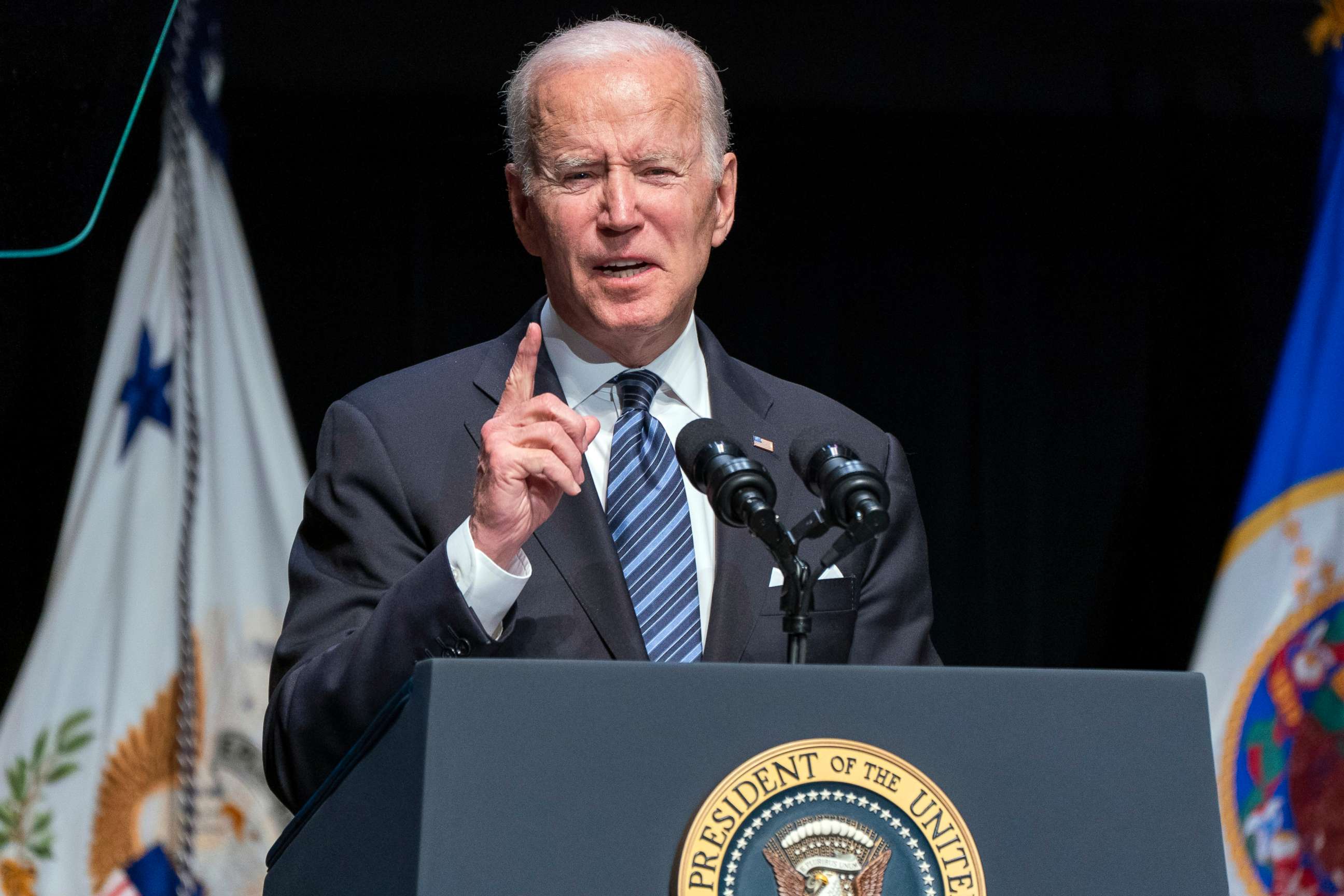 PHOTO: President Joe Biden speaks at the memorial service for former Vice President Walter Mondale, Sunday, May 1, 2022, at the University of Minnesota in Minneapolis. 