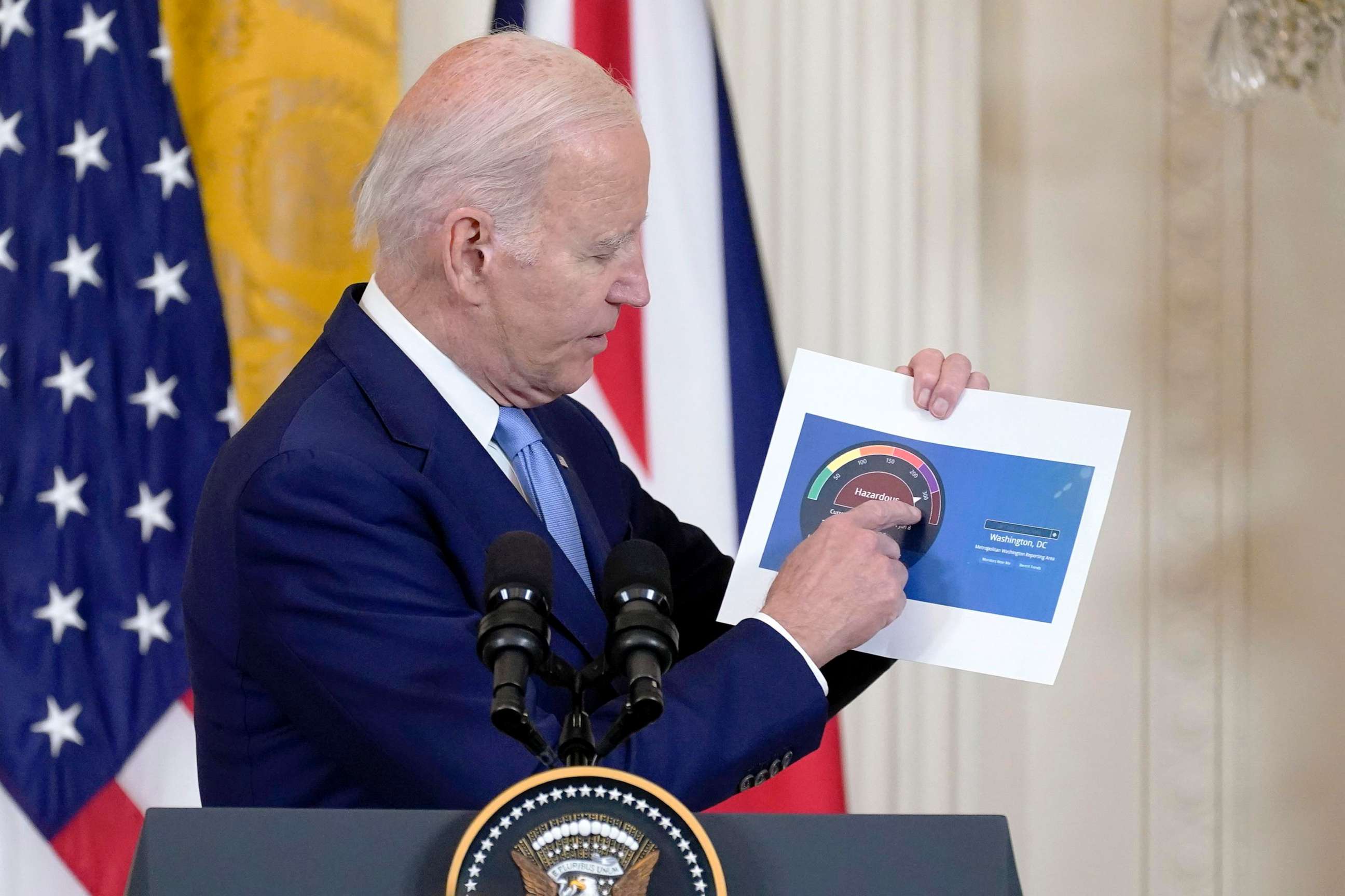 PHOTO: President Joe Biden holds a paper showing an air quality level for Washington as he speaks about Canada's wildfires during a news conference in the East Room of the White House in Washington, D.C., on June 8, 2023.